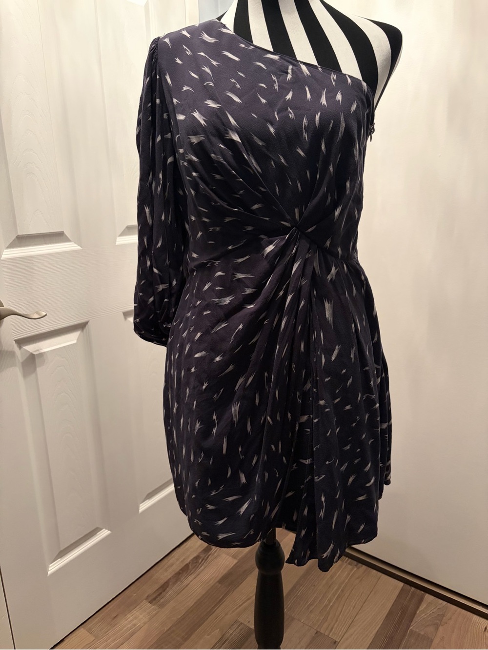 IRO Navy One-Shoulder Twist-Front Printed Mini Dress